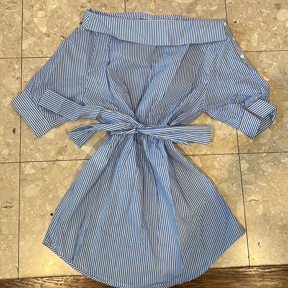 Striped Off Shoulder Belted Dress